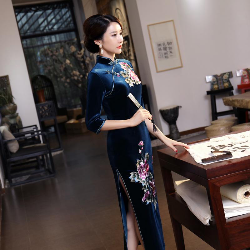 T0011-C Autumn and winter velvet long cheongsam improved daily banquet large size performance clothes women's Chinese style