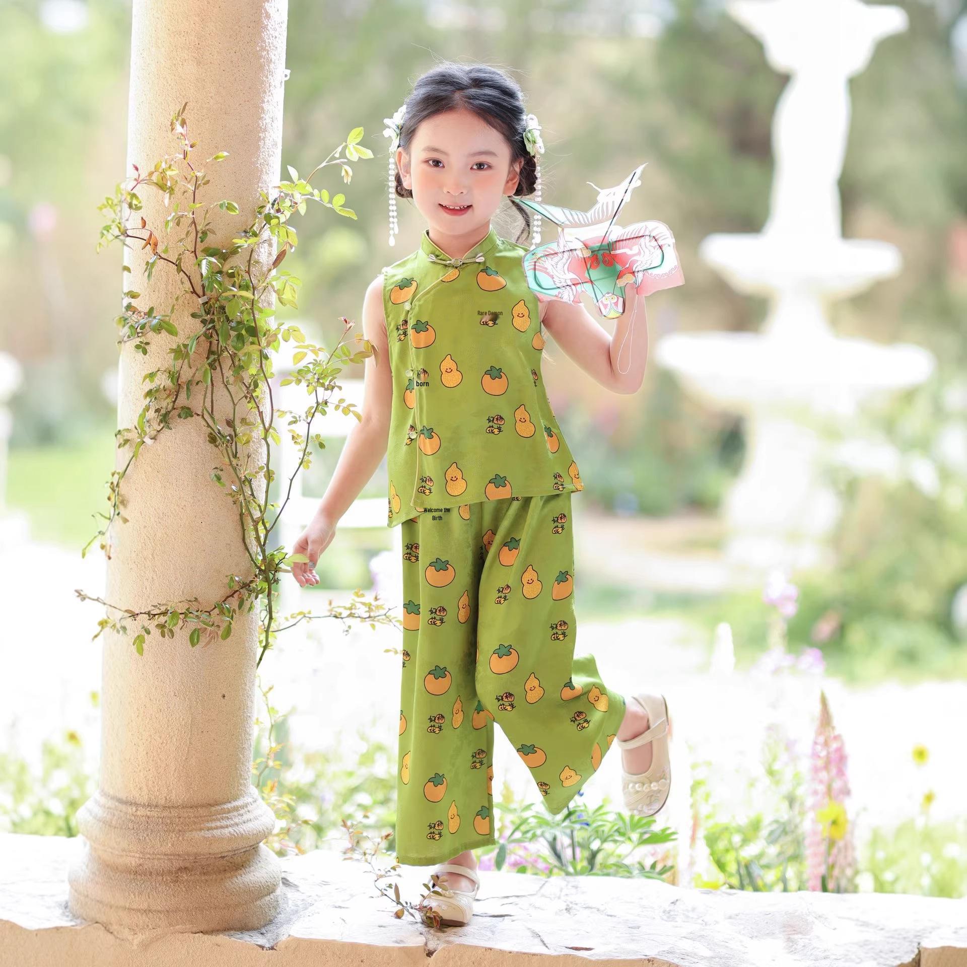 2026 Girls Summer Chinese Style Sleeveless Qipao Set with Stand-up Collar 160cm