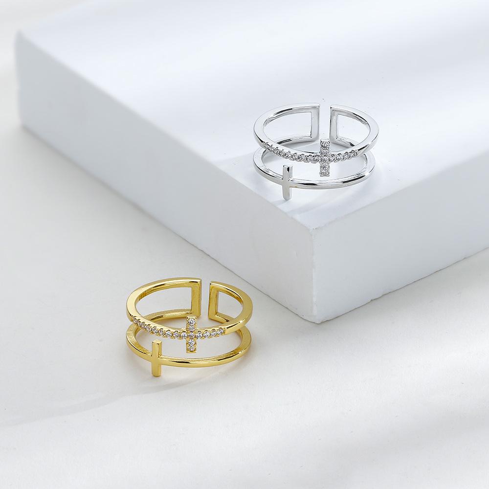 Ladies Adjustable Two Layer Cross Zircon Open Rings Jewelry