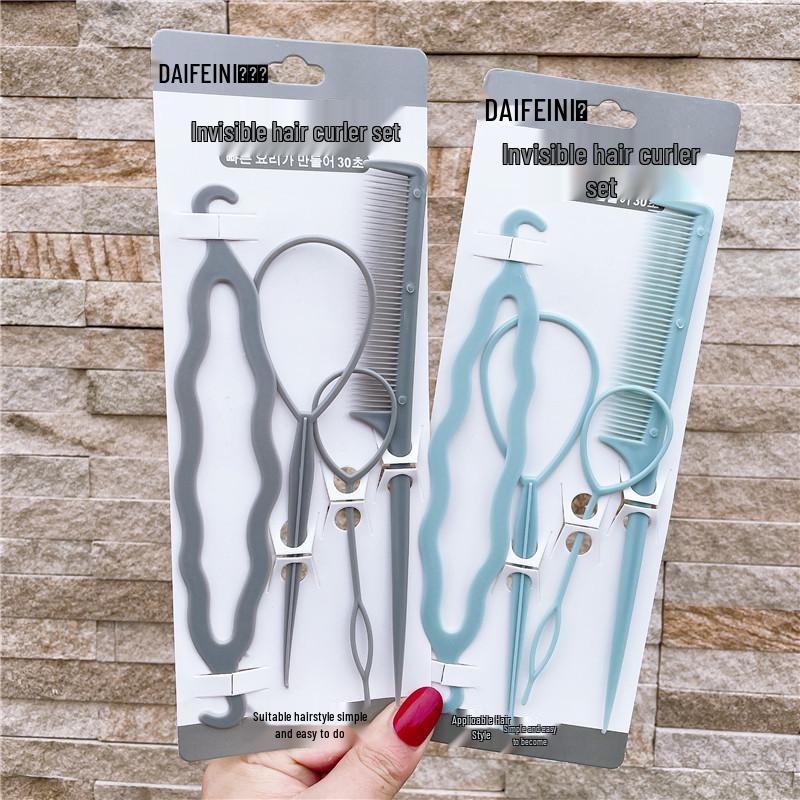 Korean Style Hair Styling Tool Set - 4-Piece Double Hook Pull Needle & Curly Hair Bands In Four Colors