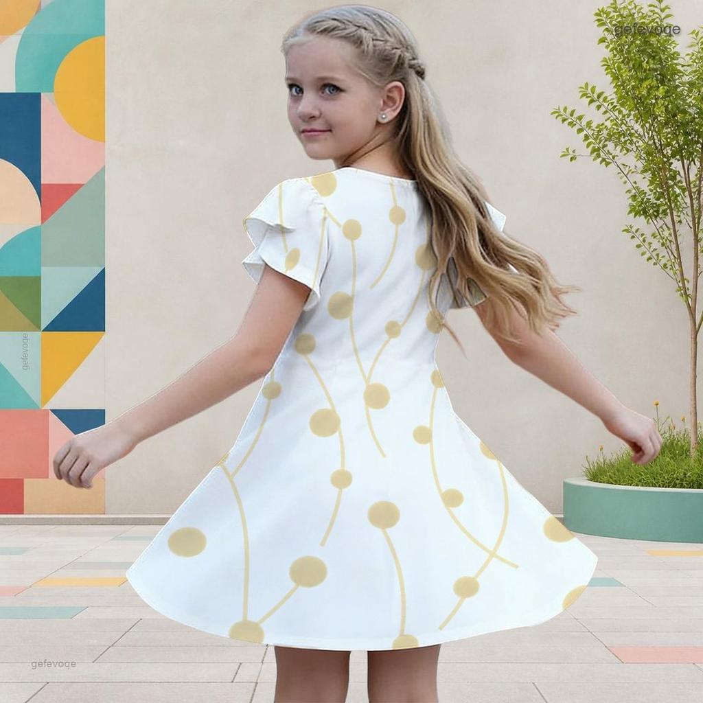 Girls Round Neck Flutter Sleeve Black Tree Floral Printed A Line Flared Dress