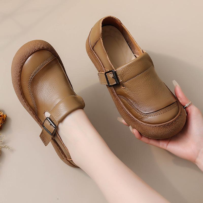 Dámské retro boty z hovězí kůže s kulatou špičkou a měkkou podrážkou - Všestranný styl pro jaro 2025