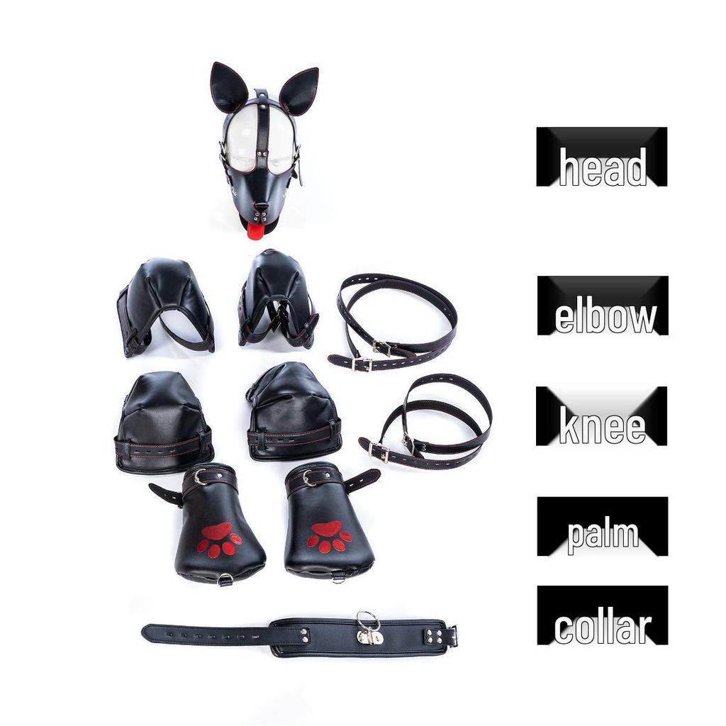 Five-Piece Kinky Pet Play Set: Crawling Suit, Kneeling Gloves, Dog Headgear, Knee Pads, Limb Restraints