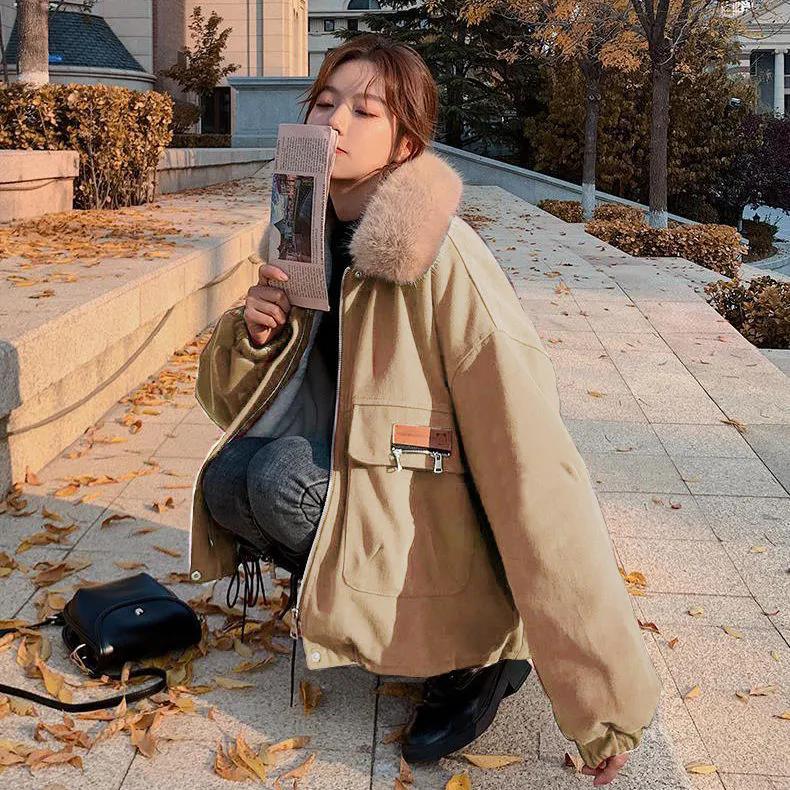 WTEMPO Casual Loose Plush Thick Coats Women's Short Winter Windproof Loose Parkas Large Size Warm Cotton Jackets