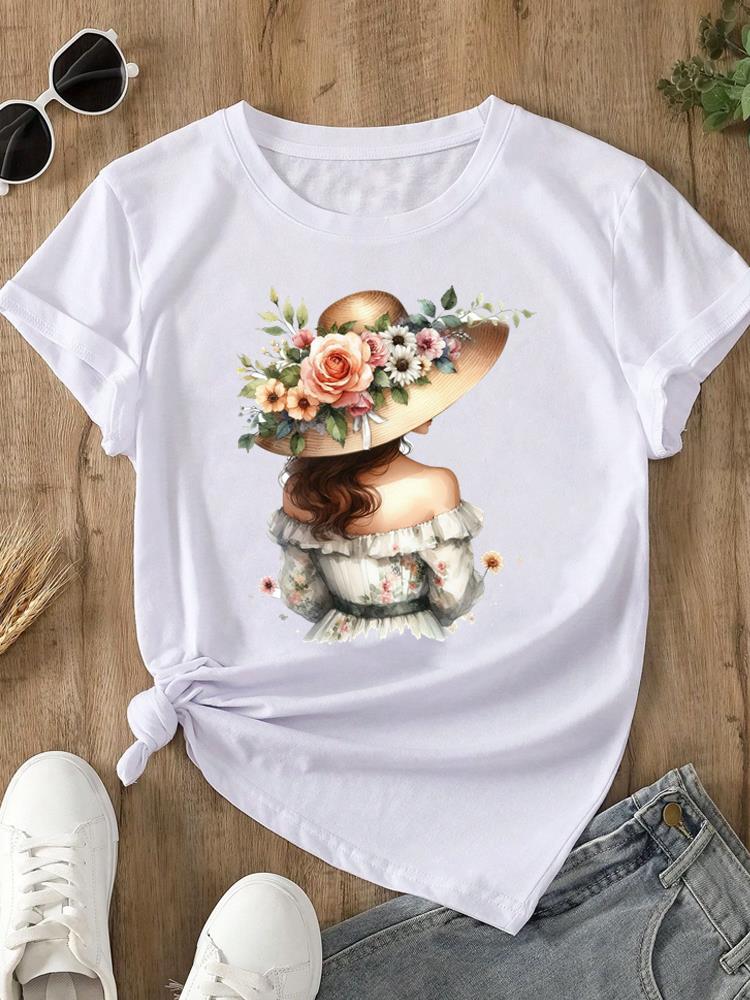 (Asian Size) O-neck Women's Top T Clothing Print Short Sleeve T-shirts Lovely Flower Trend Cute Fashion Female Casual Graphic Tee