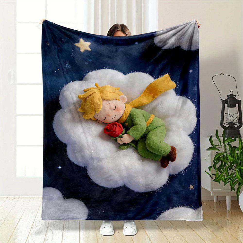 A childlike figure sleeps on a fluffy cloud, holding a red rose. for all seasons blanket lunch break throw gift