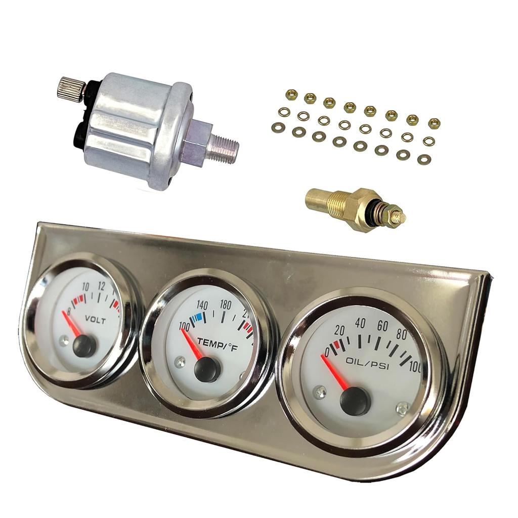 Chrome 3 in1 Triple Auto Gauge Meter Kit 52mm (8-16V Volt Meter +100-250℉ Water Temperature Gauge+ 0-100 psi Oil Pressure Meter) with Console for