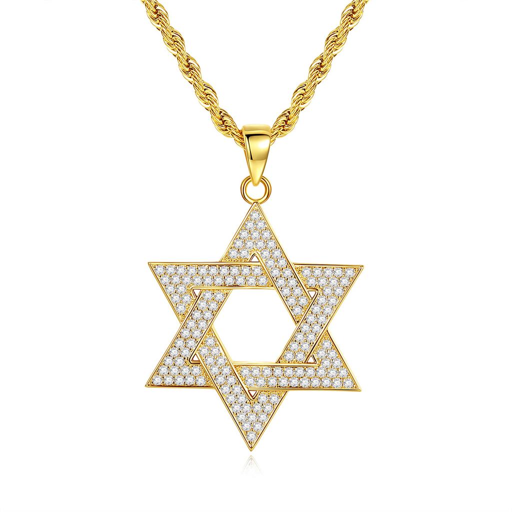 Hip Hop Men Gold Color Plated Jewelry Micro Pave Iced Out Cz Stone Star of David Pendant Hexagram Israel Judaism Necklaces