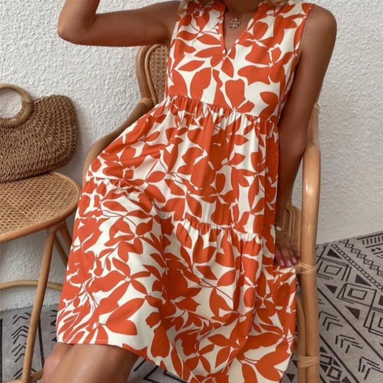 Fashion Bohemian Dress Women Printed V Loose Pleated Neck