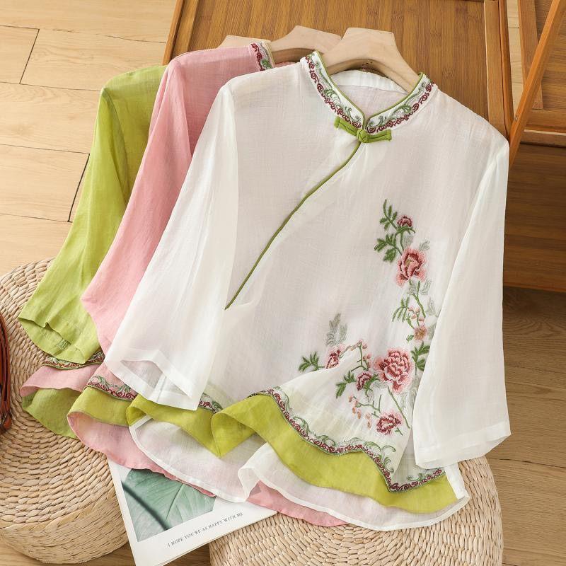 

Chinese-style Slanted Collar Cheongsam Shirt Top with Ummer Cotton Linen Retro Style Embroidered with Touch of Literary Flair L рожевий