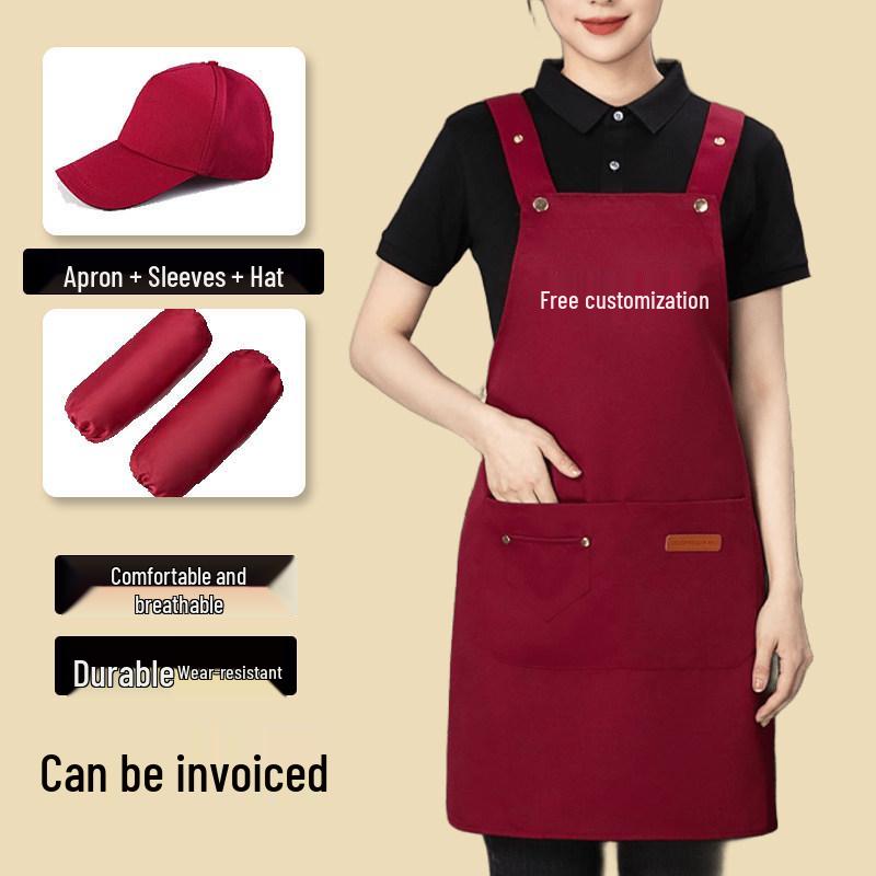 Waterproof Catering Apron Set: Logo-Print Apron, Oil-Proof Sleeves, Hat for Milk Tea and Coffee