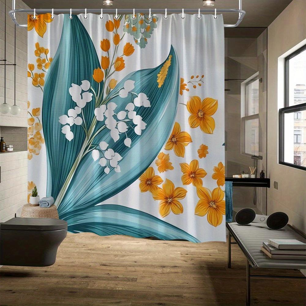 

Vintage Floral Shower Curtain - Teal Green Leaves, Vibrant Orange Flowers, Fade-Resistant, Machine Washable W60H190(CM)-1 Pcs
