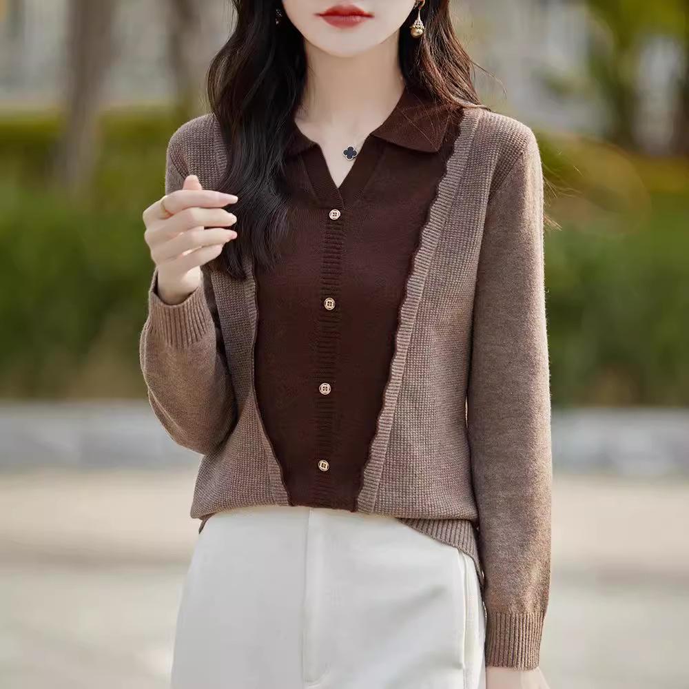 Autumn Color Collision Splicing Knit Sweater Women's Lapel Tops Spring and Autumn Outer Thin Sweater
