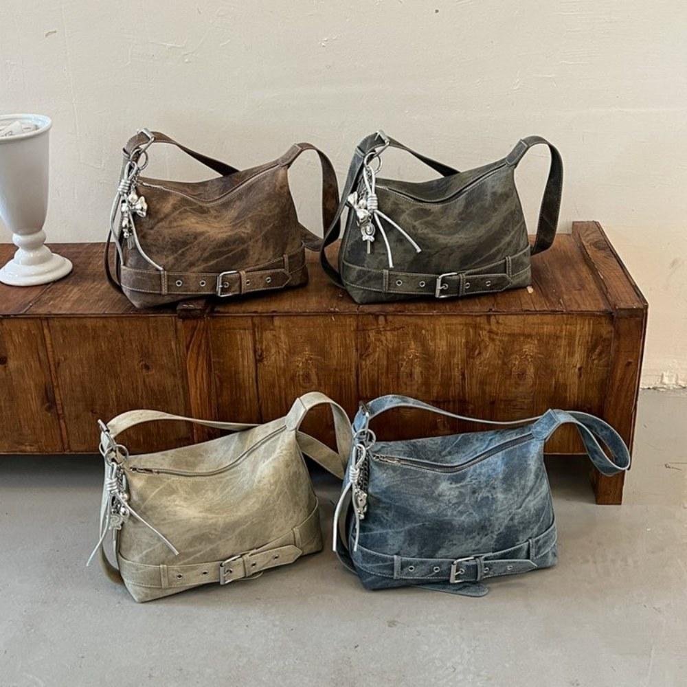 Women Vintage Large Capacity Soft PU Shoulder Bag with Belt Detail for Daily Commute