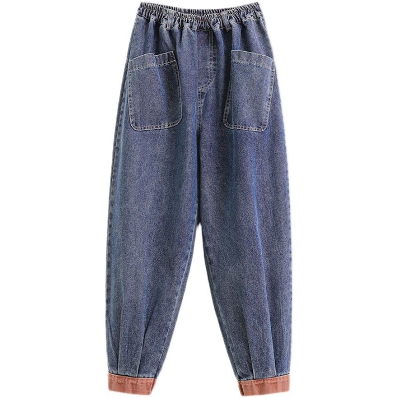 Plus Size Women Jeans Pants Vintage Denim Harem Splice Female Elastic Basic Blue High Waist Trousers