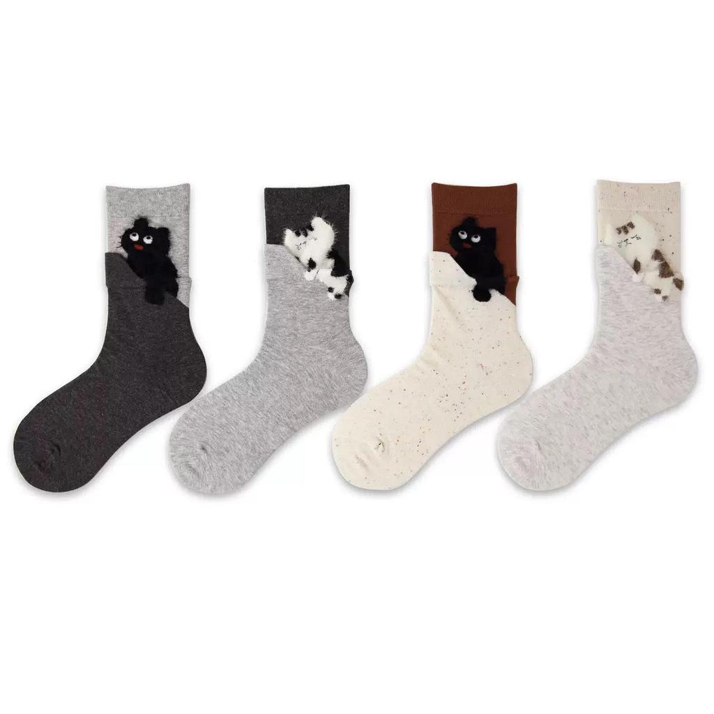 Cartoon Kitten Mid-Calf Socks: Cute Korean-Style Fuzzy Warm Women's Socks for Autumn and Winter