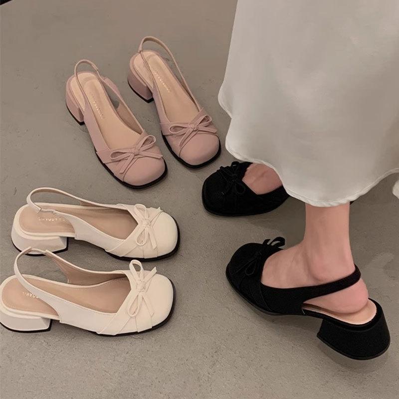 French Bow Bag Head Sandals Women's Summer New with Skirt Temperament Medium Heel Single Shoes Thick Heel High Heels