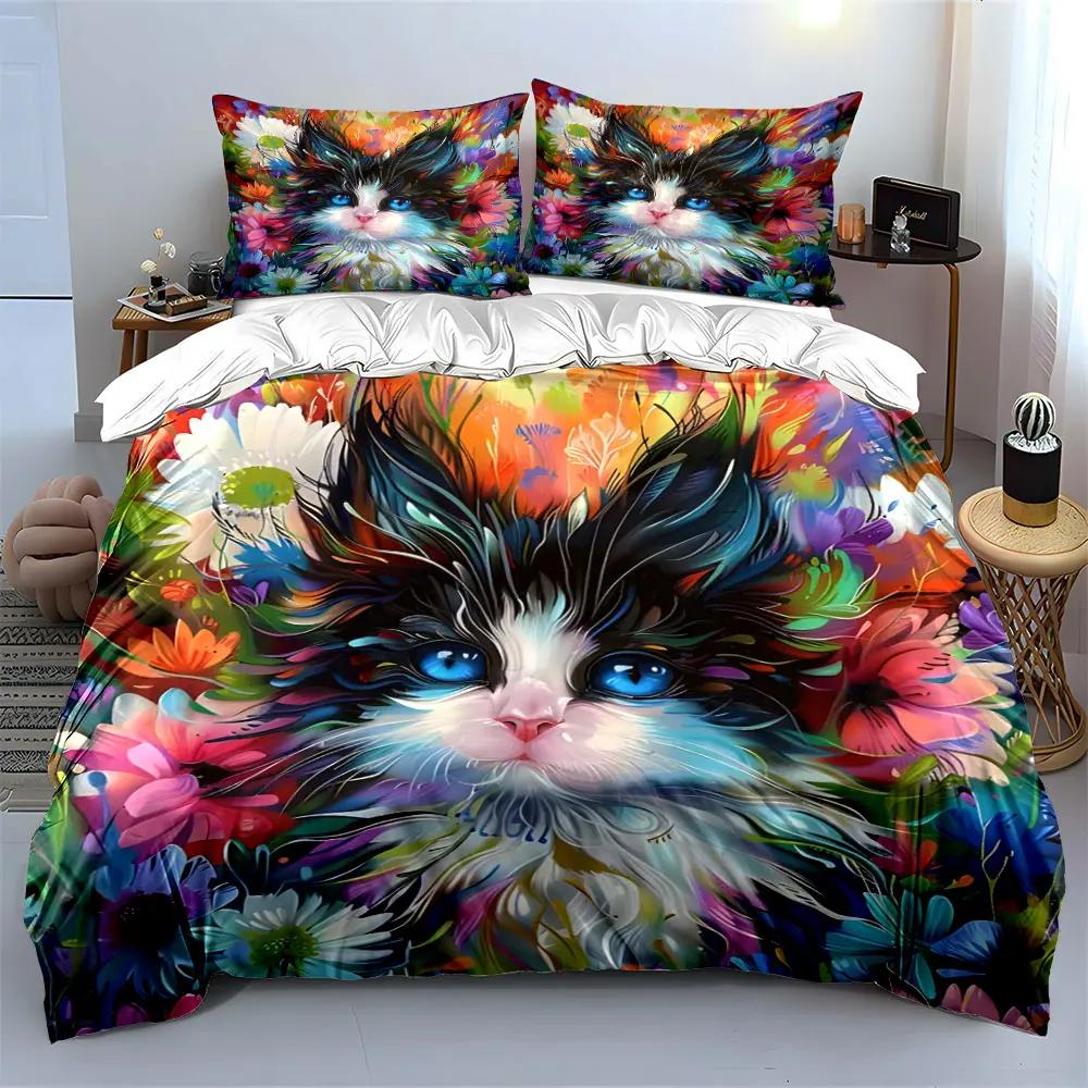 "Colorful Cat Floral Art Prints" Multiple sizes kid's and adults' bedroom Exquisite 3PC bedding set, gift