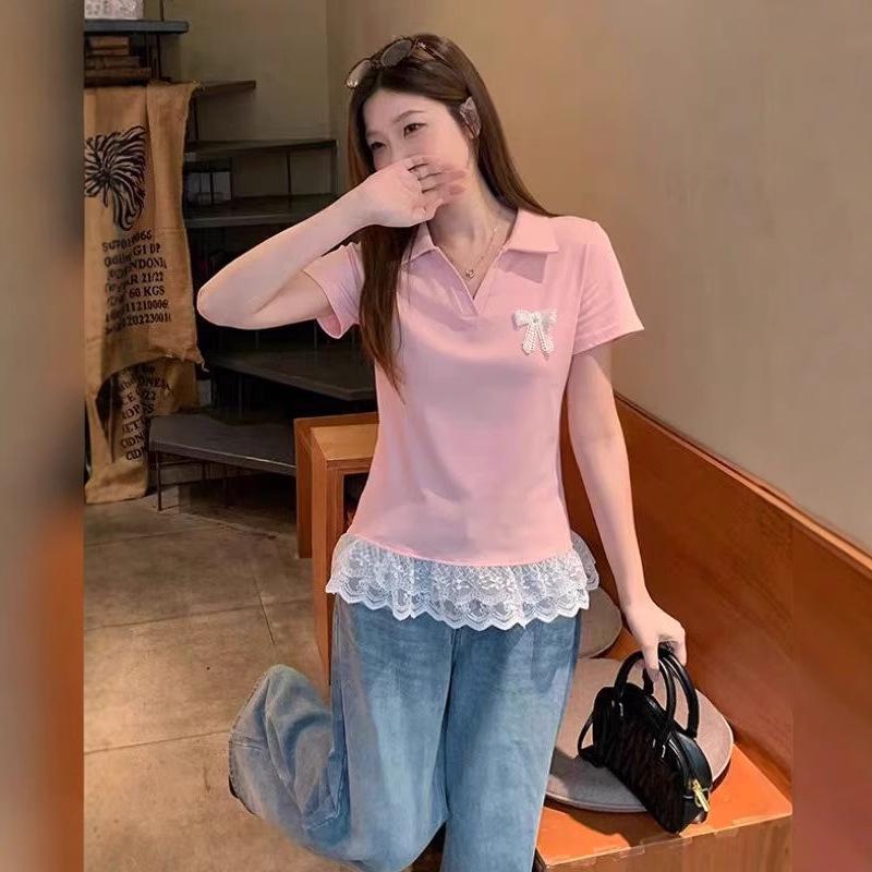 

Жіноча літня футболка великого розміру з мереживом, бантом та печворком: Топ середньої довжини з коротким рукавом для схуднення M сірий колір