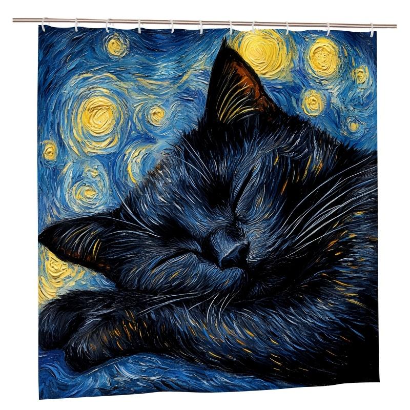 Starry Night Cat Shower Curtain - Whiskey Cat Hanging On The Living Room Wall Under The Starry Sky, Bedroom Decoration