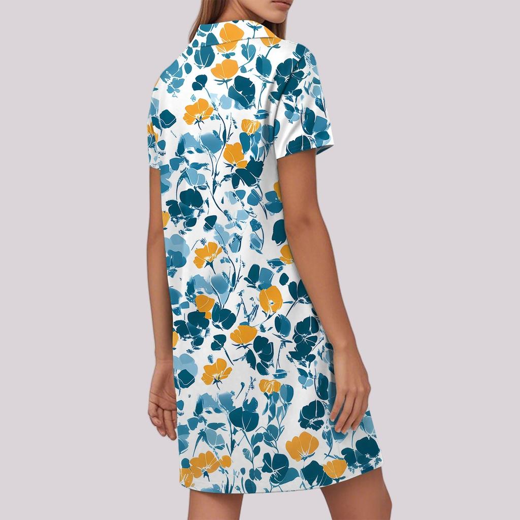 Rochie Casual de Damă la Modă cu Rever, Imprimeu Floral, Mânecă Scurtă, Gât în V, Fustă Scurtă