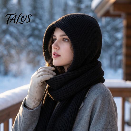 Unisex Winter Travel Cap Knitted Hooded Scarf, Beanies Hat with Cozy Functional Daily Wear Knit Neck Warmer for Cold Weather Shopping Commuting Casual