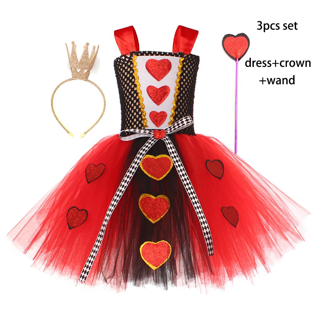 Girls Queen of Hearts Costume Kids Halloween Dress Up Fancy Tutu Dress with Crown Classic Wonderland Red Queen Gown Clothes