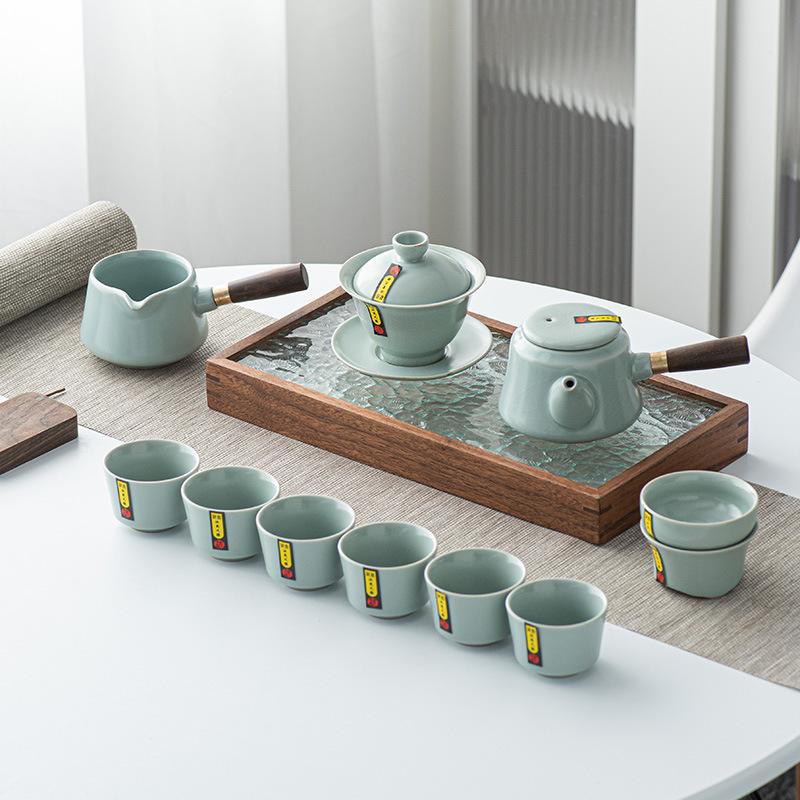 High-end handmade Ru kiln tea set, gift, gold silk opening, side handle, teapot cover bowl, teacup boutique gift box