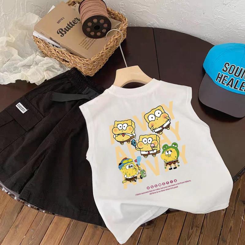 Summer Kids Cotton Sleeveless Vest Cartoon Print Thin Boys Girls T Shirt Top 80