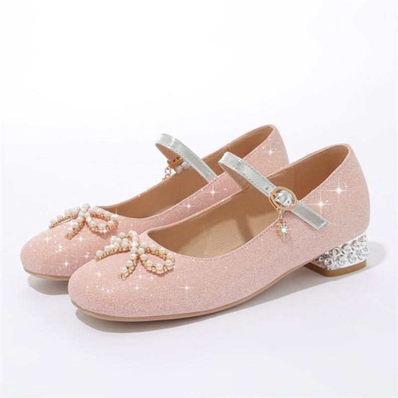 Girls Spring Princess Shoes 2025 New Girls Square Head Thick Heel Low Top Bow Sequins Student Children's Single Shoes