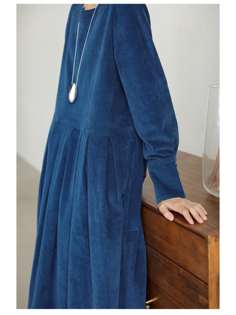 Autumn 2021 Japanese-Korean Corduroy Literary Dress - Women's Long-Sleeve Midi Skirt