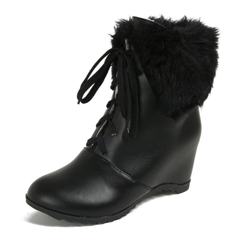 Бренд Женские Теплые Зимние Ботинки Круглый Носок Увеличенный Каблук 6 см На Шнуровке Большой Размер 41 42 43 Толстый Мех Милые Повседневные Ботильоны 35 4453₽