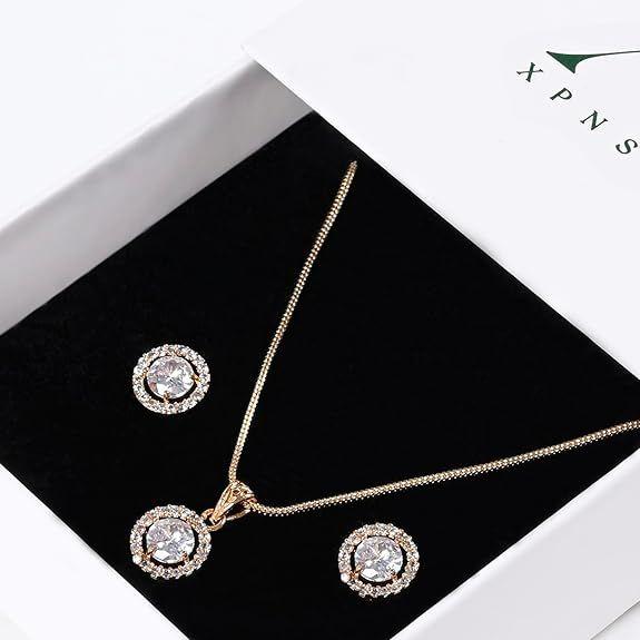 Jewelry Luxury Pendant Gift Set for Women, Girls & Her | Pendant with 2 Earrings, Option In 10 Different Color & Design with Gold Silver Princess Cut