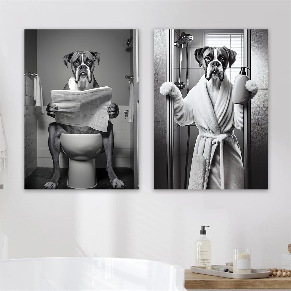 Boxer Dog Wall Art Prints Funny Bathroom Decor Boxer Dog In The Toilet Poster Animal In The Toilet Canvas Painting Pet Decor