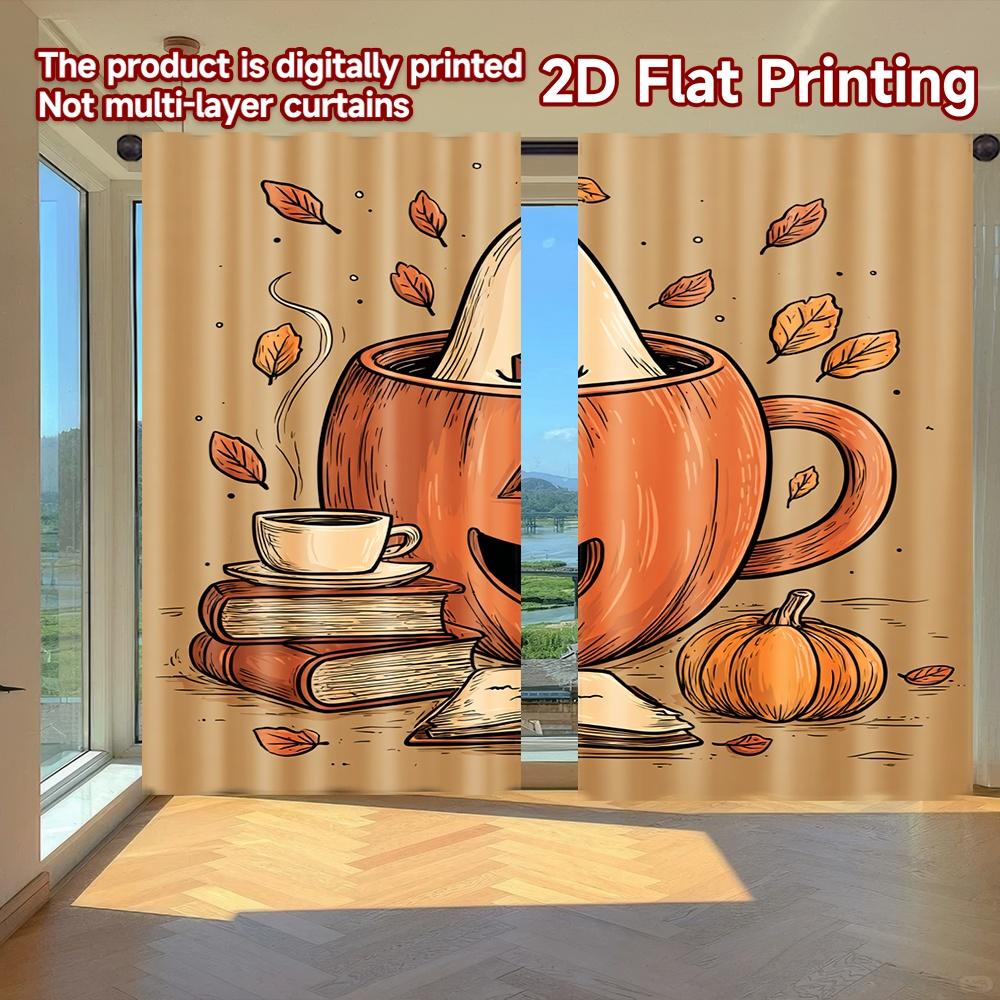 

Set Of 2 Flat Printing Curtains Without Rod Halloween Ghost Pumpkin Cup Holiday Women Is Day Printed Versatile Made Polyester W100*H70(CM)-Hooks&2PCS
