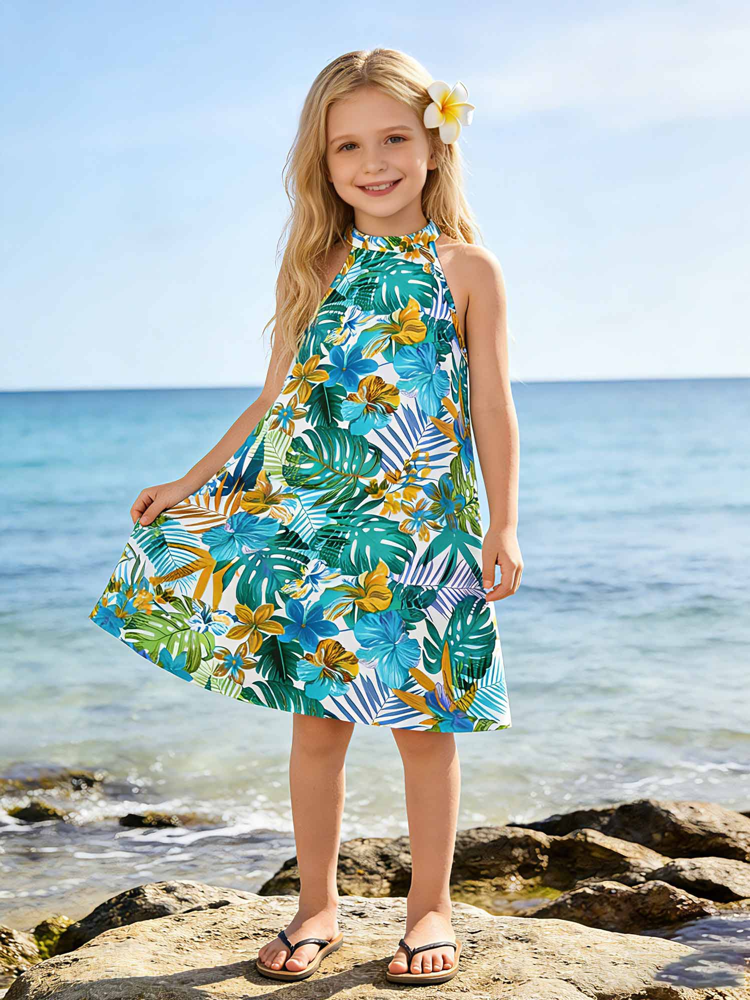 

Green Floral Beach Dress for Girls,Comfortable and Soft A Line Summer Sundress Age 2T-8Y 2Y разноцветный