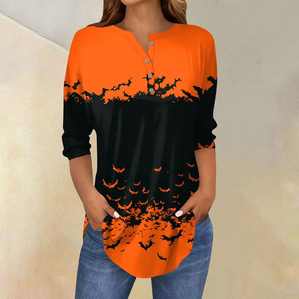 Women's Fashion Loose Button Collar Halloween Print Long Sleeve T-Shirt Top Pullover