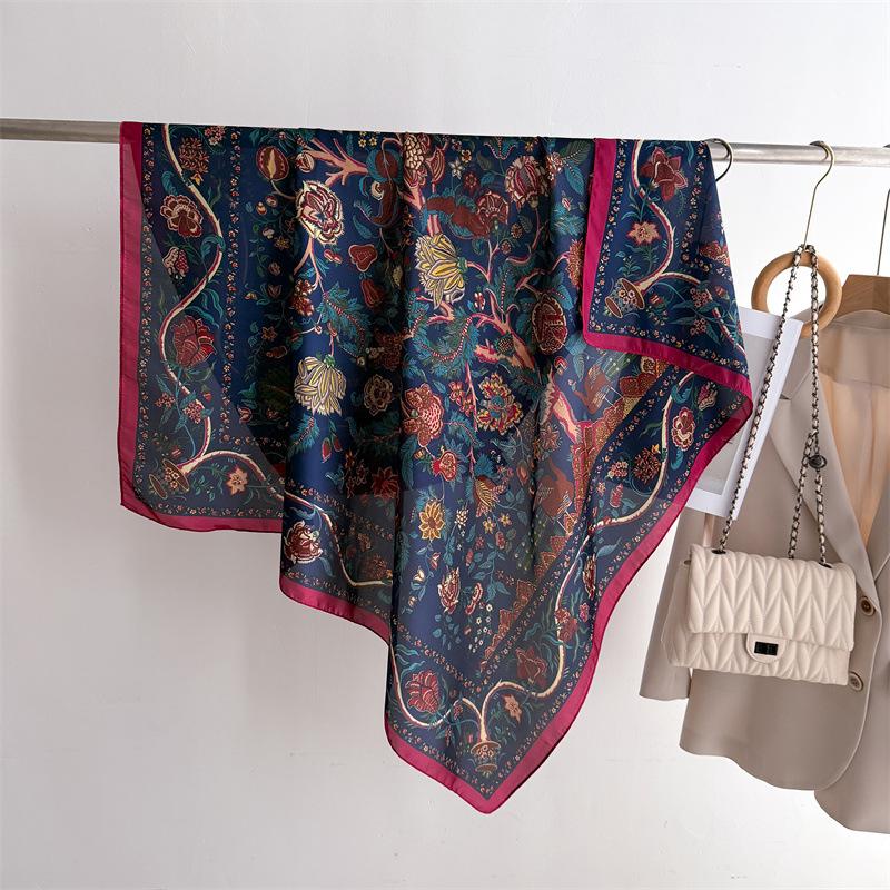 

110Cm Imitation Silk Simple Thin Sun Protection Turban Flower Lake Blue Bright Shawl Scarf Dual-Purpose Square Scarf One Size