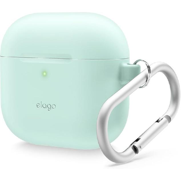 elago Compatible with AirPods 4 Case - Premium Silicone Case with Carabiner, Supports Wireless Charging, Shock Resistant, Full Protection, Headphone мятный