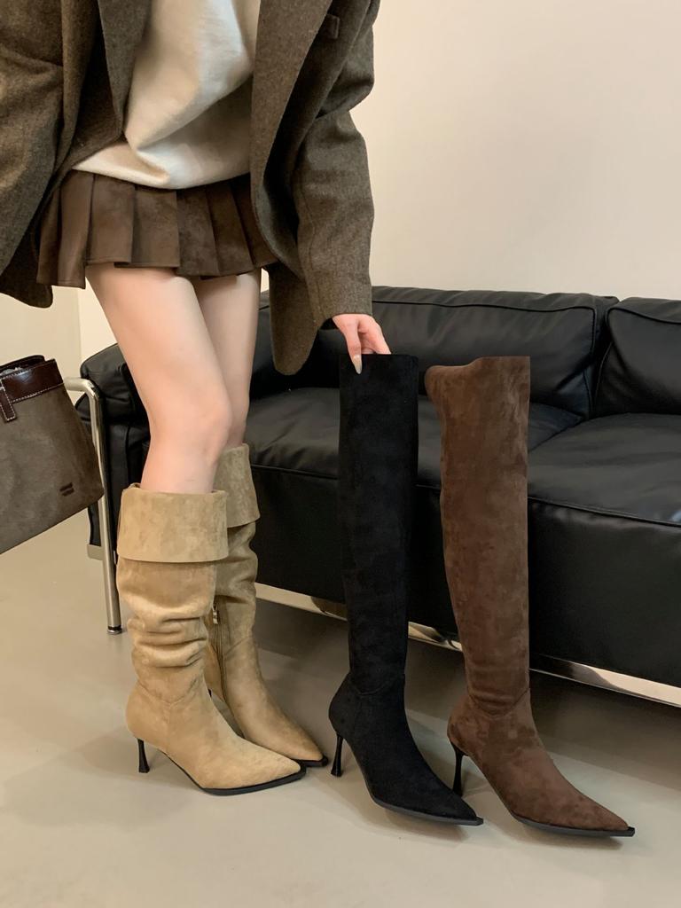 Over-the-knee Boots for Women Wear Big Tube Circumference 2025 Autumn and Winter New Suede Pointed Thin Heel High Heel Pleated Piled Boots