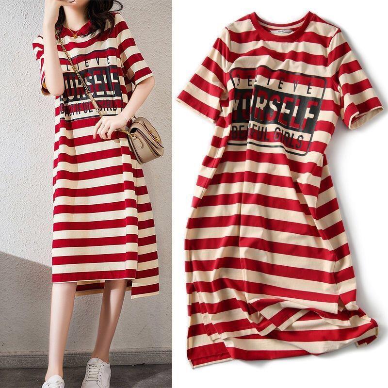 Women's Striped Print T-Shirt Dress - Summer Short-Sleeve Split Tunic Dress
