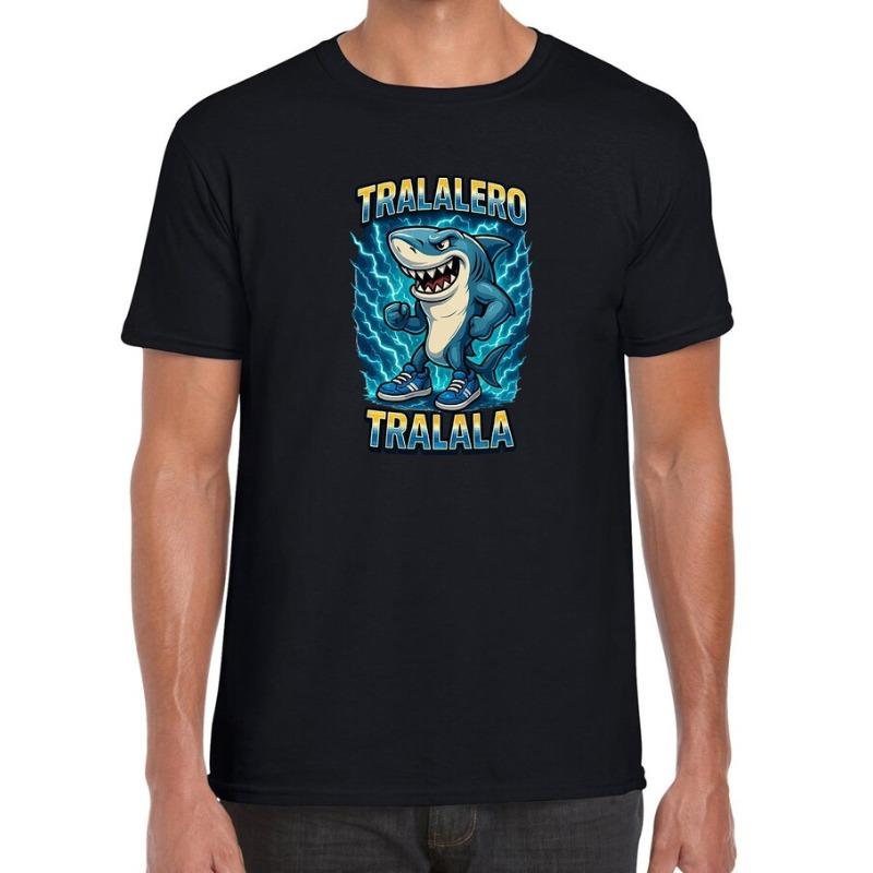 Tralalero Tralala Electric Shark TShirt Black Tee with Fierce Anthropomorphic Shark Graphic Blue Lightning Effects Streetwear 4XL