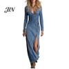 Abito Casual da Donna Sexy con Spacco Laterale in Denim, Abito Jeans Western a Manica Lunga con Bottoni, Tessuto Morbido, Scollo a V Imbottito, Bodycon da Cowgirl, Maxi da Spiaggia per Donna