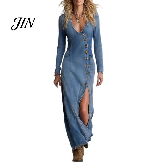 Abito Casual da Donna Sexy con Spacco Laterale in Denim, Abito Jeans Western a Manica Lunga con Bottoni, Tessuto Morbido, Scollo a V Imbottito, Bodycon da Cowgirl, Maxi da Spiaggia per Donna