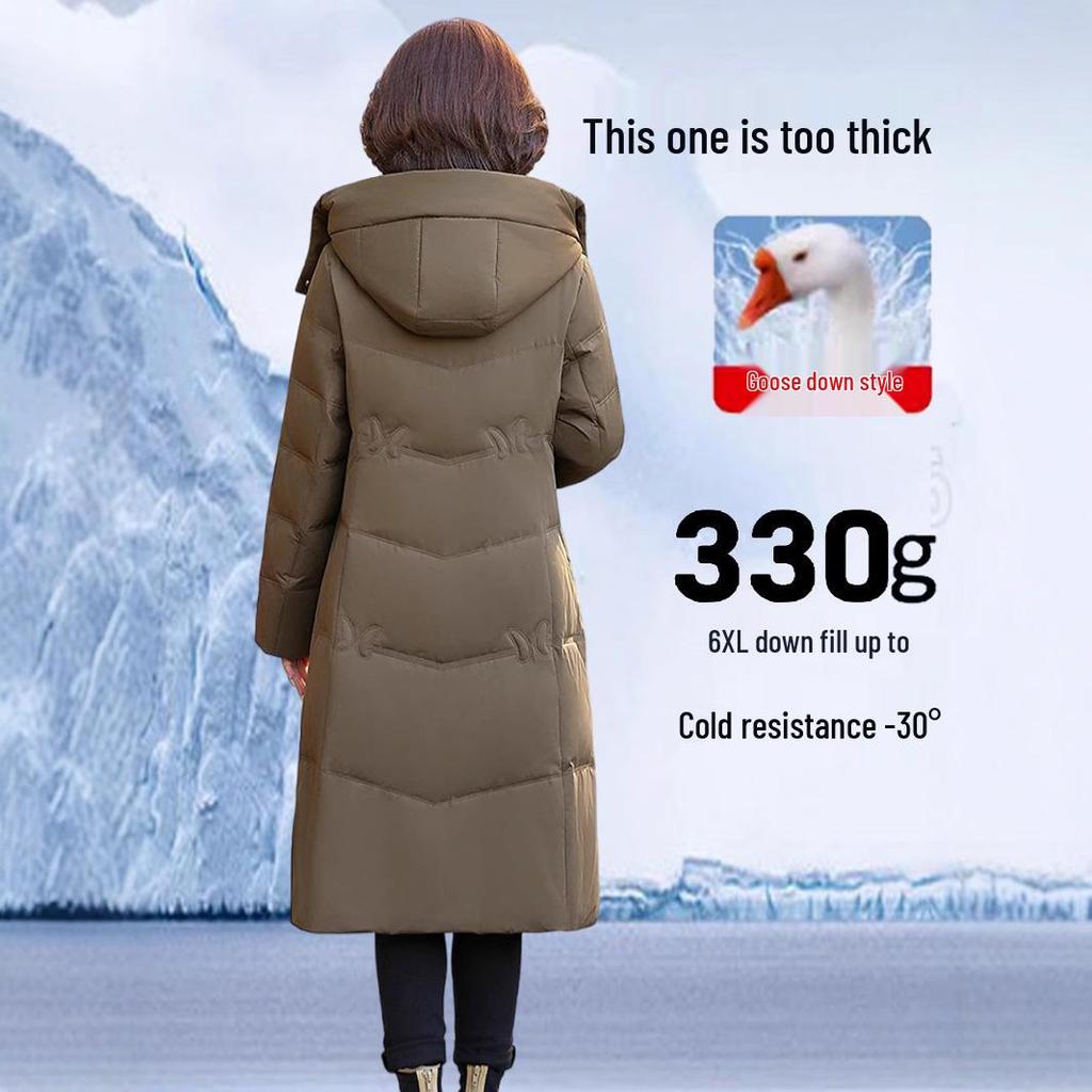 Brand Women's Long Genuine Goose Down Jacket - Super Thick Winter Coat for Middle-Aged & Elderly.