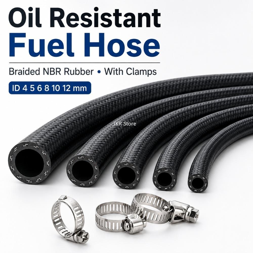 NBR Fuel Hose with Clamps Oil Resistant 4mm 5mm 6mm 8mm 10mm 12mm Diesel Pipe for Vehicle Plumbing Repair and Maintenance
