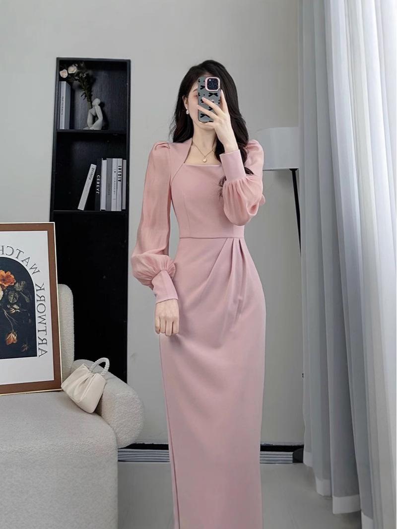 

Весеннее приталенное повседневное платье миди с квадратным вырезом и длинными рукавами, 2024 M