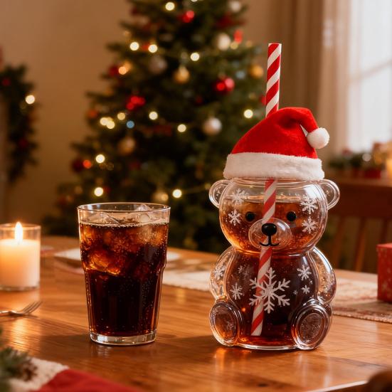 Yousheng Bear-Shaped Glass Cup with Lid And Straw Clear Beverage Mug Honey Bear Straw Cup for Cold Drinks Coffee Beer Wine Cocktails