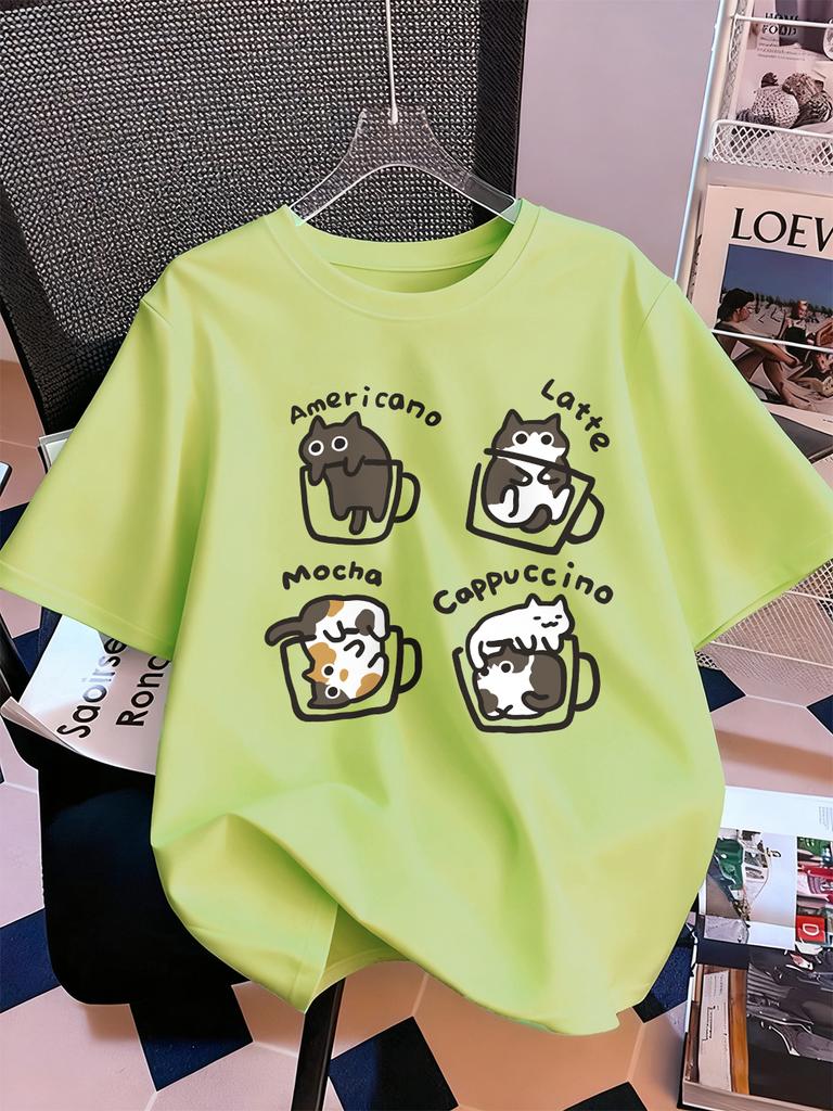 Cat Coffee Art Letter Printing TShirts Womens Summer Cotton Short Sleeve Tops ONeck Soft Loose T Shirt Casual Womans Clothes