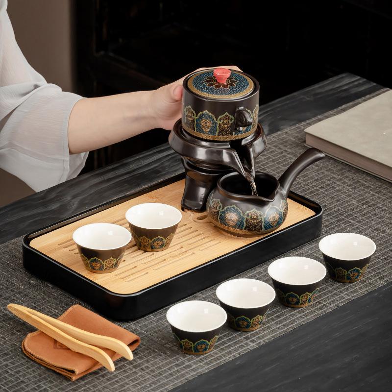 Portable anti-scalding portable teapot high-end gift box blue ancient rhyme lazy automatic tea set office business